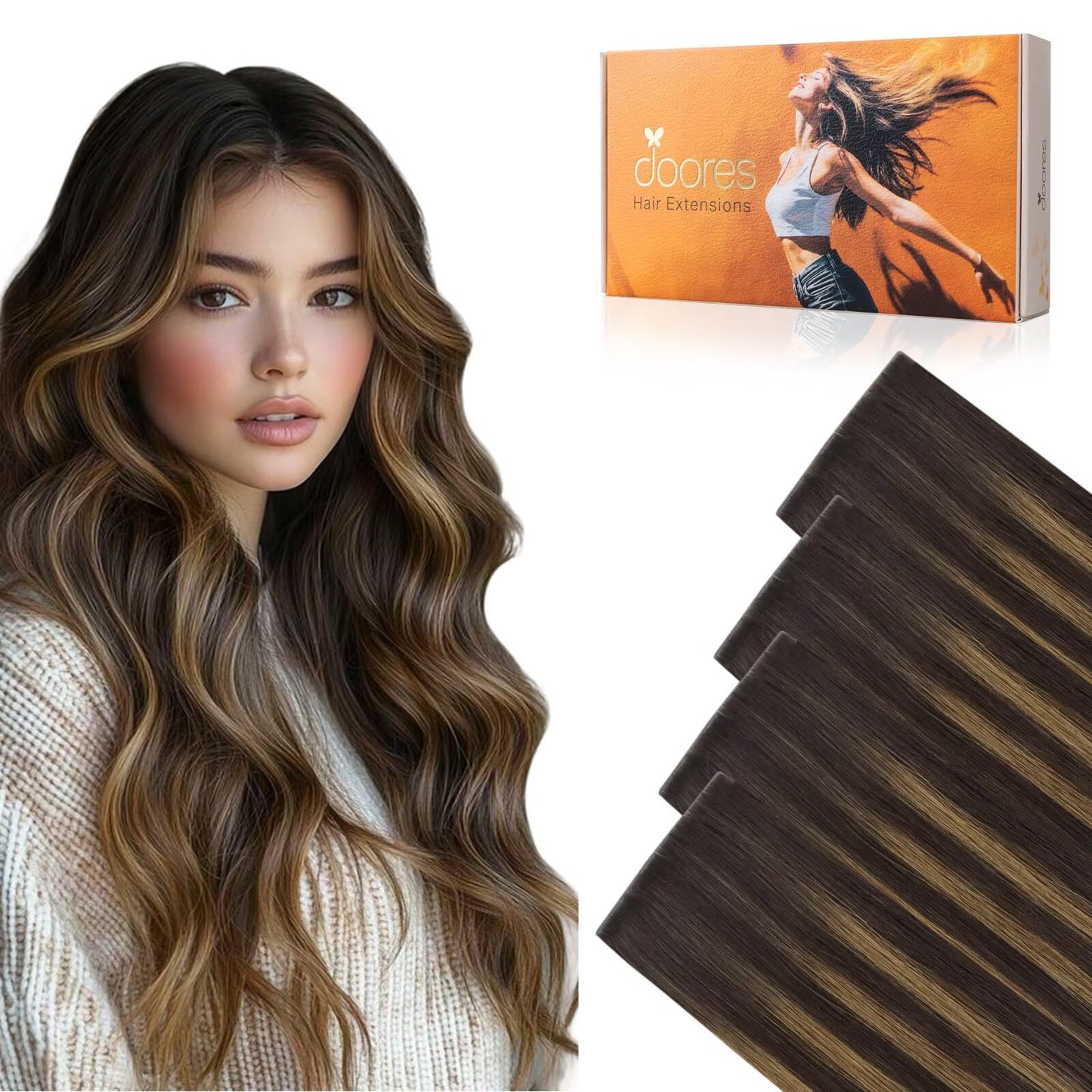 DOORES Invisi Edge Wide Tape in Human Hair Extensions, Dark Brown to Chestnut Brown 4PCS Injection Tape ins 20g 18 Inch, Injected 3 Inch Wide Extensions Straight for Thinning Hair