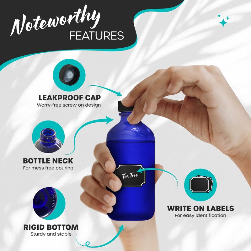 Nevlers 8 Oz Glass Bottles with Lids 18 Pack | Leakproof 8oz Bottles with Lids, Funnel, Brush, Marker & Labels | Cobalt Blue Bottle Set For Use as Glass Juice Jars, Vanilla Extract Making Kit & More