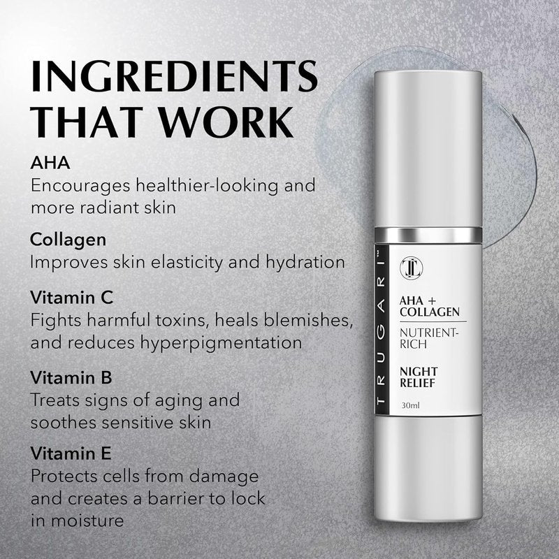 Facial Night Serum - AHA & Collagen Anti-Aging Formula with Vitamins C, B, E | Nutrient-Rich Skincare