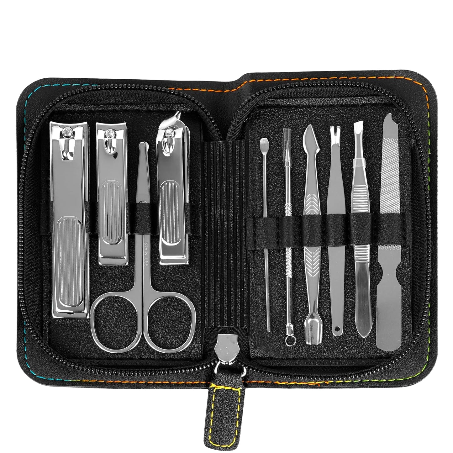 10 PCS Premium Stainless Steel Nail Clippers Set, Professional Manicure Pedicure Kit with Zipper Portable PU Leather Case, Travel Grooming Kit, Ideal Gift for Men and Women(C-Black)