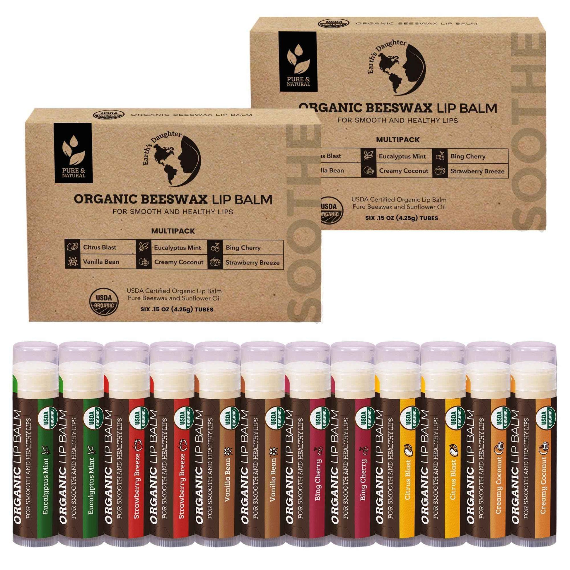 Earth's Daughter USDA Organic Lip Balm 12-Pack (2x 6-Packs) - Fruit Flavors, Beeswax, Coconut Oil, Vitamin E - Best Lip Repair Chapstick for Dry Cracked Lips - Moisturizing Lip Care