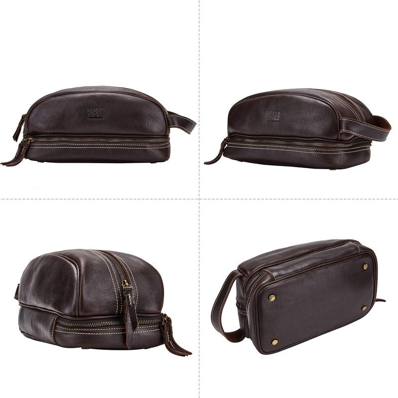 BRASS TACKS Leathercraft Travel Toiletry Organizer Dopp Kit Water-resistant Genuine Leather Shaving Bag for Toiletries Accessories For Men Women (Dark Brown)