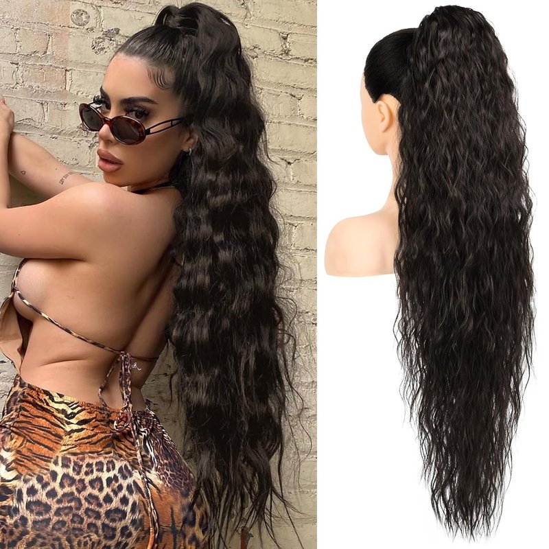 Ponytail Extension - 34 Inch Extra Long Wavy Drawstring Hairpiece | Soft Synthetic Fiber in Black Brown