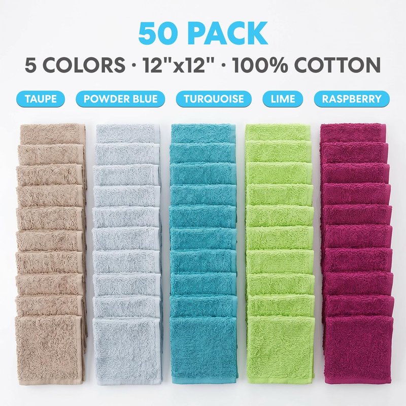 Simpli-Magic Cotton Wash Cloths 12"x12" (50 Pack) – Highly Absorbent Soft Towels for Bathroom – Commercial Terry Washcloth for Face, Hand, Bath, Kitchen, Gym & Hotel (Multicolor)