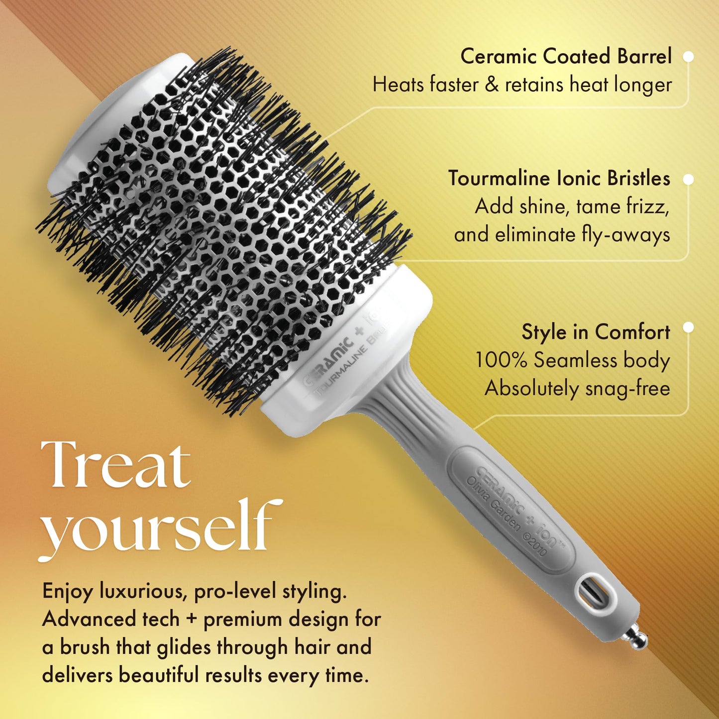 Olivia Garden Ceramic + Ion Round Thermal Hair Brush - Not Electrical - Professional Blowout Brush for Normal to Thick Hair - 3.5"-Diameter Barrel - White and Grey - CI-65