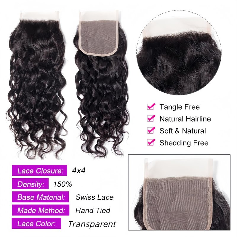 Czrleaty Human Hair Bundles with Closure, Water Wave Bundles with Closure Short Curly Wet and Wavy Bundles Human Hair with Closure (8/8/8/8/8+8)