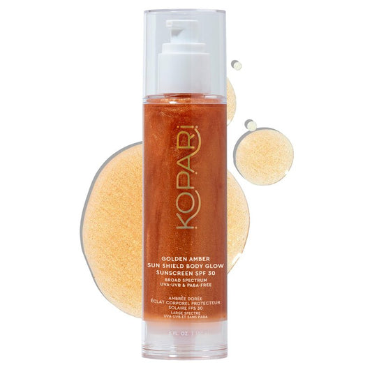 Kopari Sun Shield Body Glow, Broad Spectrum SPF 30, Lightweight Shimmering Gel Texture Absorbs Quickly, Non Sticky, Glowing Results, Golden Amber 5 oz