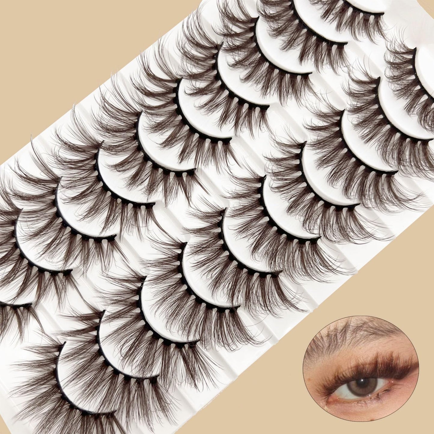 Brown Eyelashes Fairy Lashes Cat Eye Wispy False Lashes Mink Fluffy Dramatic Dark Brown Strip Lashes Fox Eye Long Volume Fake Eyelashes 10 Pairs (MQ608)