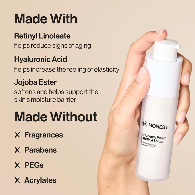 Honest Beauty Honestly Pure Nightly Retinyl Serum, Moisturizes Exfoliates Reduces Fine Lines, Gentle for Sensitive Skin, Fragrance-Free Vegan, 1 fl oz