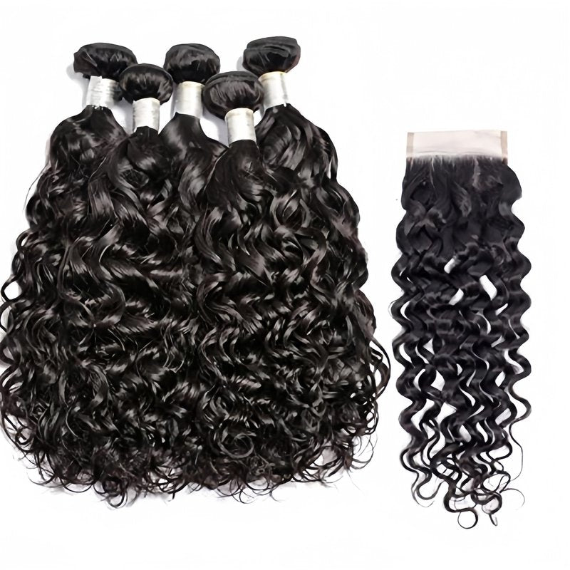 Czrleaty Human Hair Bundles with Closure, Water Wave Bundles with Closure Short Curly Wet and Wavy Bundles Human Hair with Closure (8/8/8/8/8+8)