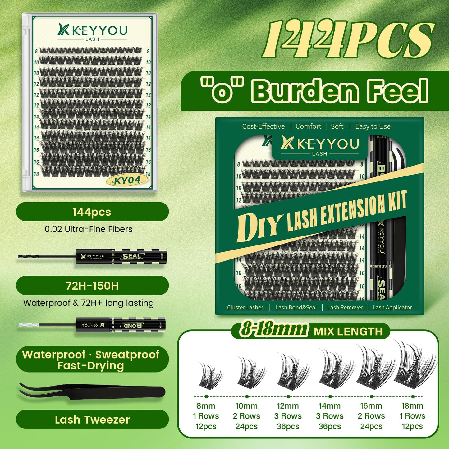 KEYYOU Lash Clusters Kit 144pcs 8-18mm Mix, DIY Eyelash Extension Kit with Bond and Seal, Eyelash Glue and Tweezers for Volume Fluffy Lashes at Home (KY04)