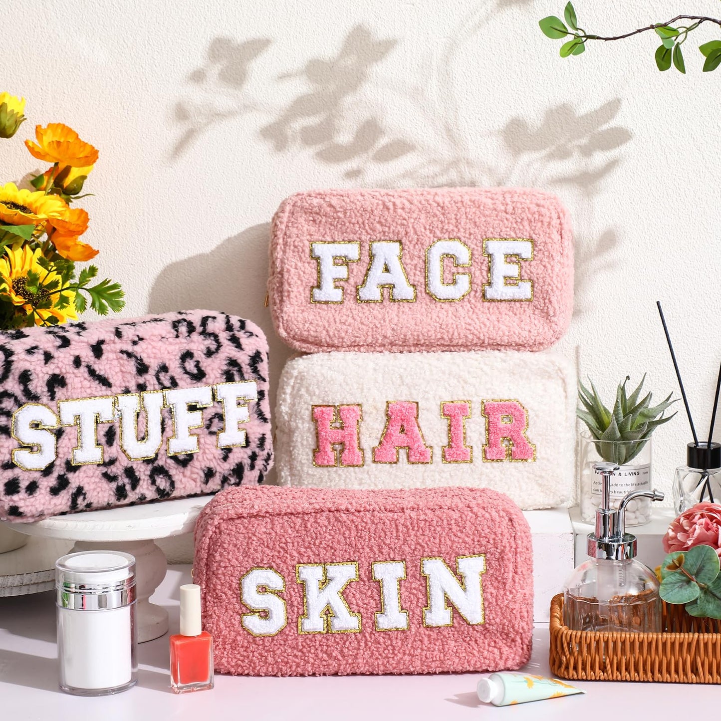 Paterr 4 Pcs Chenille Letter Preppy Patches Makeup Pouch Bag Plush Fuzzy Makeup Pouch Hair Skin Face Stuff Bag Cute Cosmetic Purse Zipper Travel Toiletry for Wedding Birthday Gifts(Pink Colors)