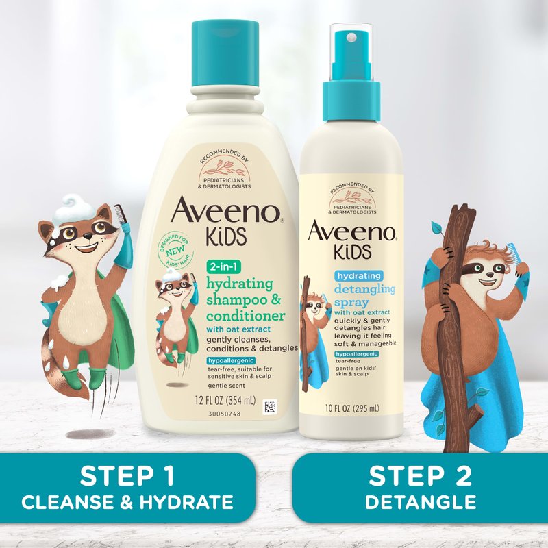 Aveeno Kids Shampoo & Conditioner, Formulated With Oat Extract to Gently Cleanse, Condition & Detangle Kids Hair, For Sensitive Skin and Scalp, Hypoallergenic, 12 Fl Oz