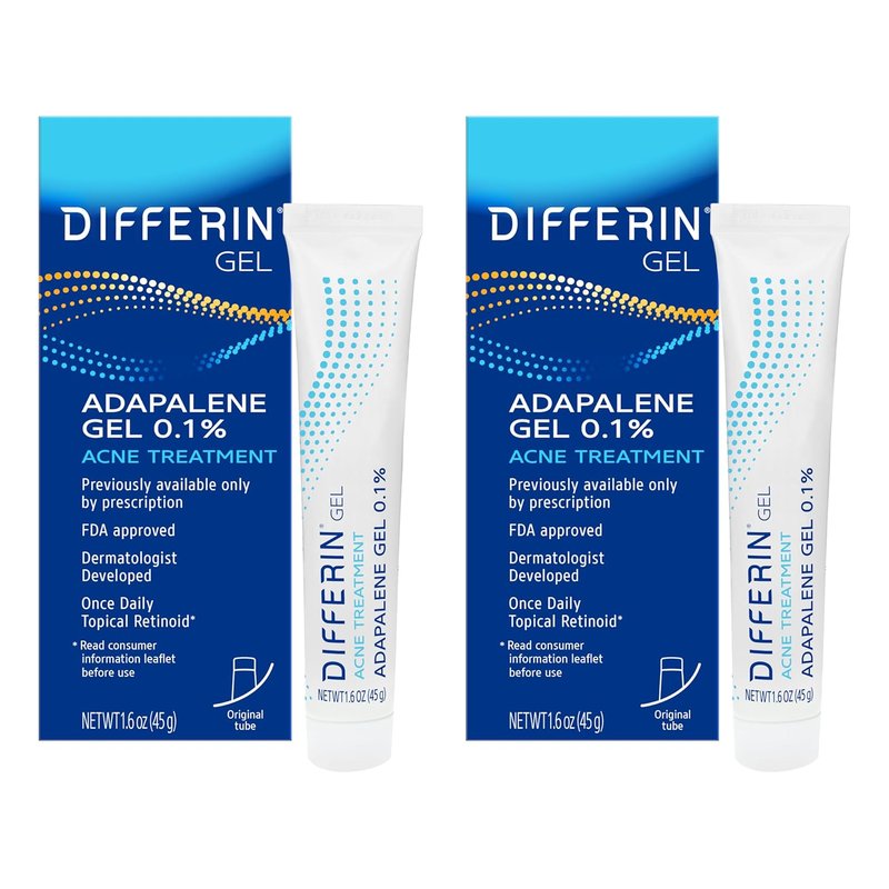 Differin Acne Treatment Gel - 0.1% Adapalene Retinoid for Sensitive Skin | 15g Tube (Pack of 2)