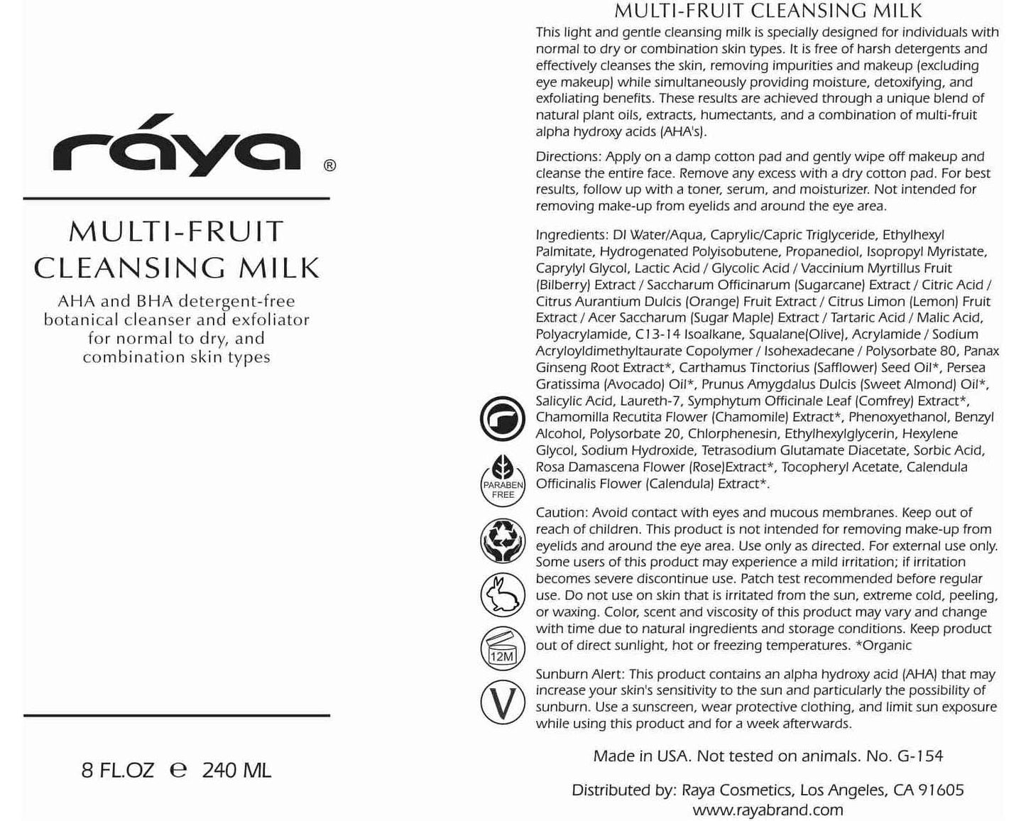 Raya Multi-Fruit Facial Cleansing Milk with AHA and BHA 8 oz (G-154) | Exfoliating Soap-Free Cleanser and Make-Up Remover for Dry and Combo Skin | Made with Multi-Fruit Alpha and Beta Hydroxy Acids