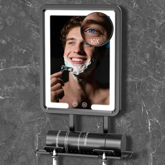 COSMIRROR Heated Shower Mirror Fogless for Shaving, Anti Fog Shaving Mirror for Men, Rechargeable Shower Mirrors with Razor Holders, Fog Free Shave Mirror with 10X Magnifying and 3 Color Lights