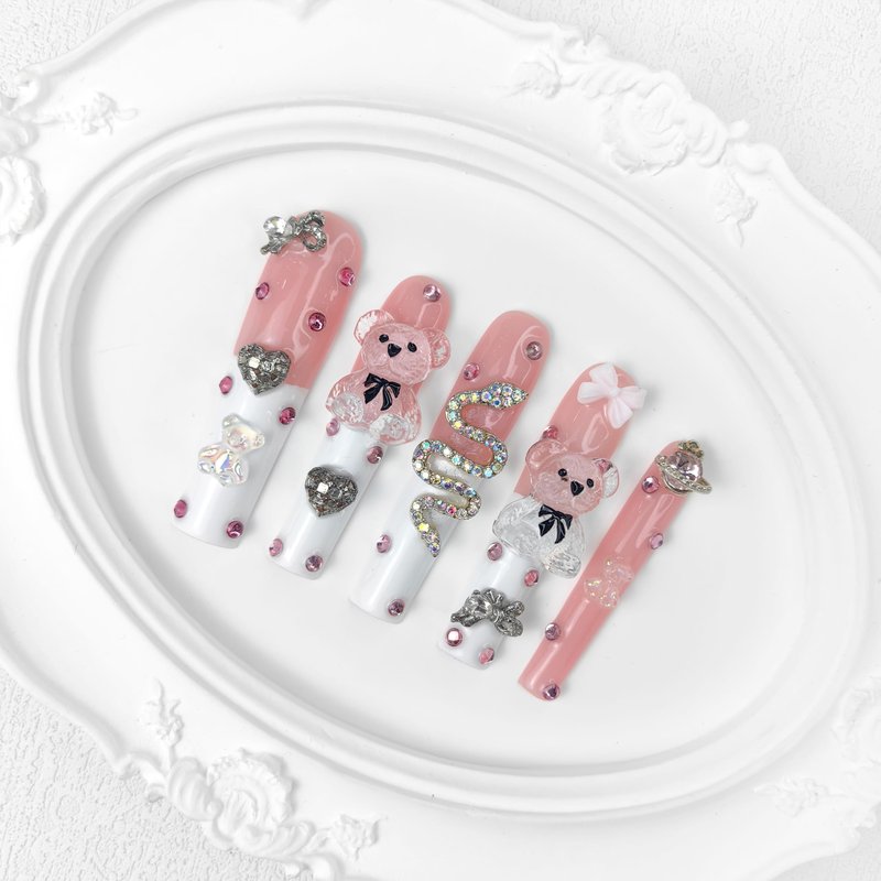 GGddsha 2026 Long Pmma Acrylic Handmade Nail Design Novelty with Rhinestone Bear Love Snake Design Glossy Nail, Reusable Nail Set with Box Gift for Women (White-pink, M)