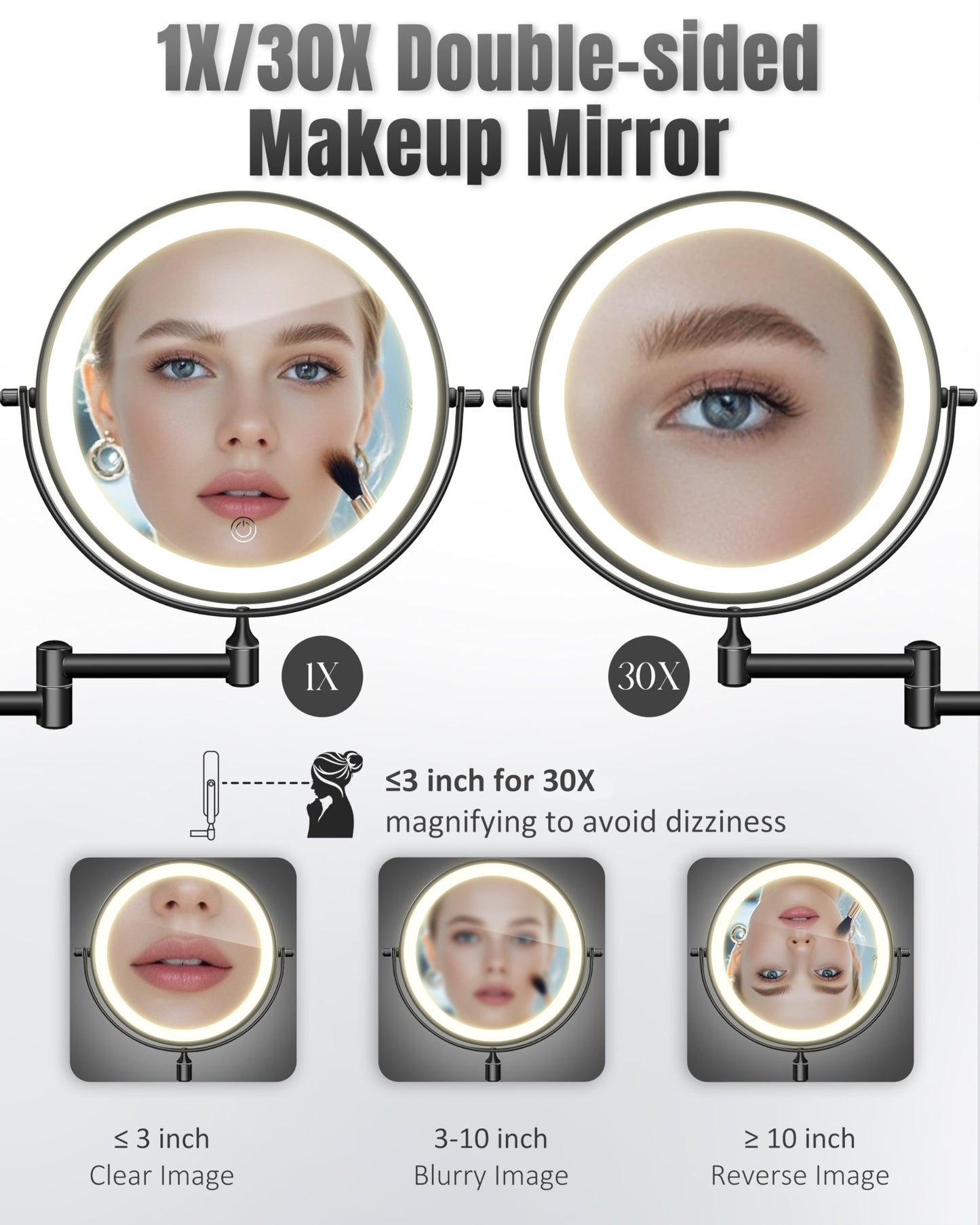 Wall Mounted Makeup Mirror with Light, 30X/1X 8'' Double Sided LED Magnifying Bathroom Lighted Vanity Mirror with Magnification, 3 Color Light up Touch Dimmable Extended Arm 360 Rotation