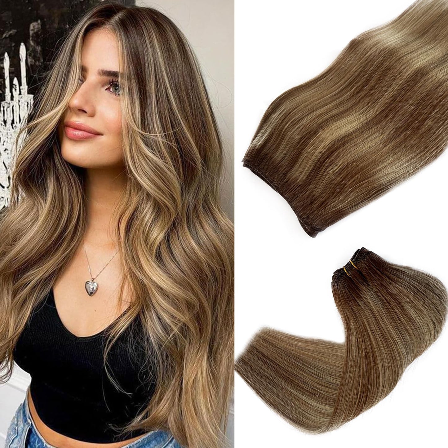 Balayage Highlights Hair Extensions Real Human Hair Sew in Double Weft Weave Bundles Hair Extension Ombre Chestnut Brown to Ash Blonde 14 Inch 80G