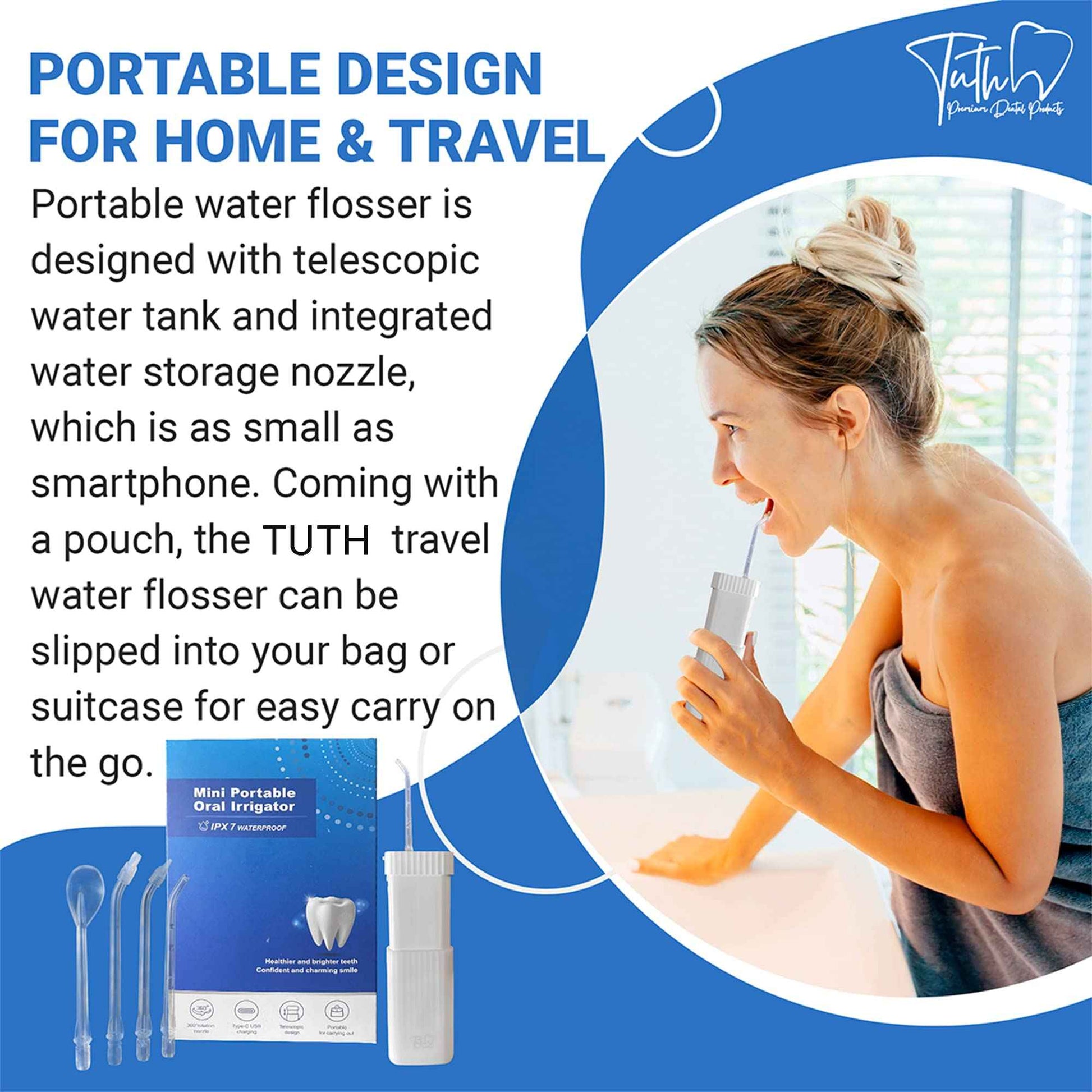 Tuth Premium Dental Products Water Flosser - Portable Oral Irrigator with 4 Interchangeable Tips - Gum, Tongue, Teeth Cleaner with 3 Jet Settings - Travel Friendly, IPX7 Waterproof, 4-Hour Charge Time