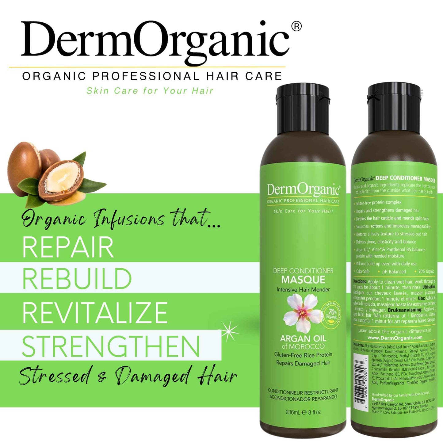 DermOrganic Hair Repair Masque - 70% Organic - Deep Conditioning Reconstructor Naturally Rebuilds Damaged Hair, 8 oz