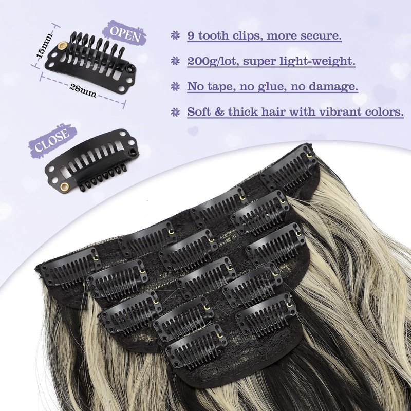WOKAA Synthetic Clip in Hair Extensions Long Wavy Hair Extension Clip ins 5Pcs 20 Inch Black mix Blonde Thick Hairpieces for Women