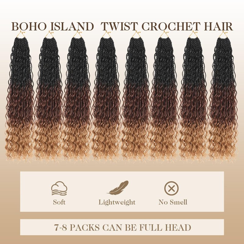 Boho lsland Twist Crochet Hair 24 Inch 8 Packs Ombre Auburn Blonde Pre-Looped Senegalese Twist Crochet Braids with Curly Ends Synthetic Goddess Twist Crochet Hair for Black Women (1B/30/27 24 INCH）