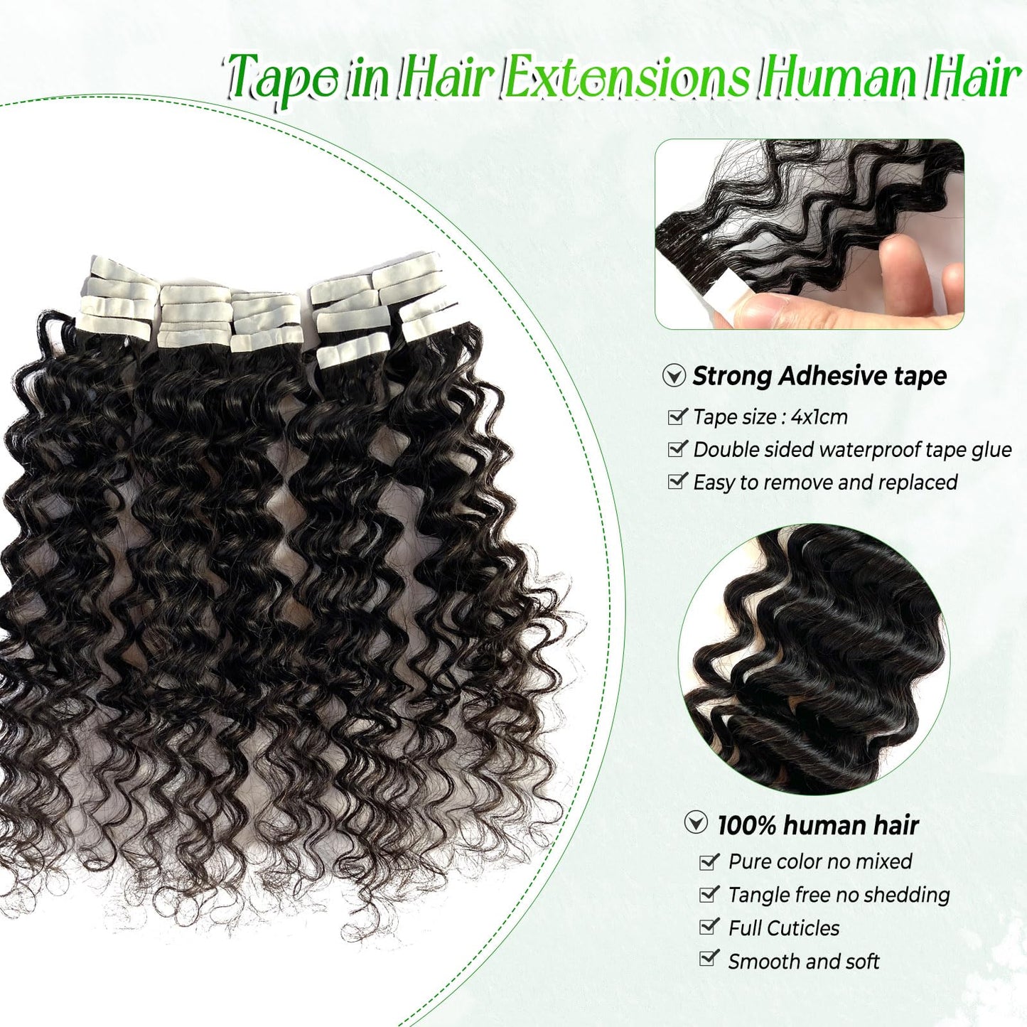 Deep Wave Tape in Hair Extensions Human Hair, Black Hair Extensions Real Remy Human Hair Curly Tape ins for Black Women, 50g/pack 20pcs Double Sided Invisible Tape Hair Extension 14 Inch