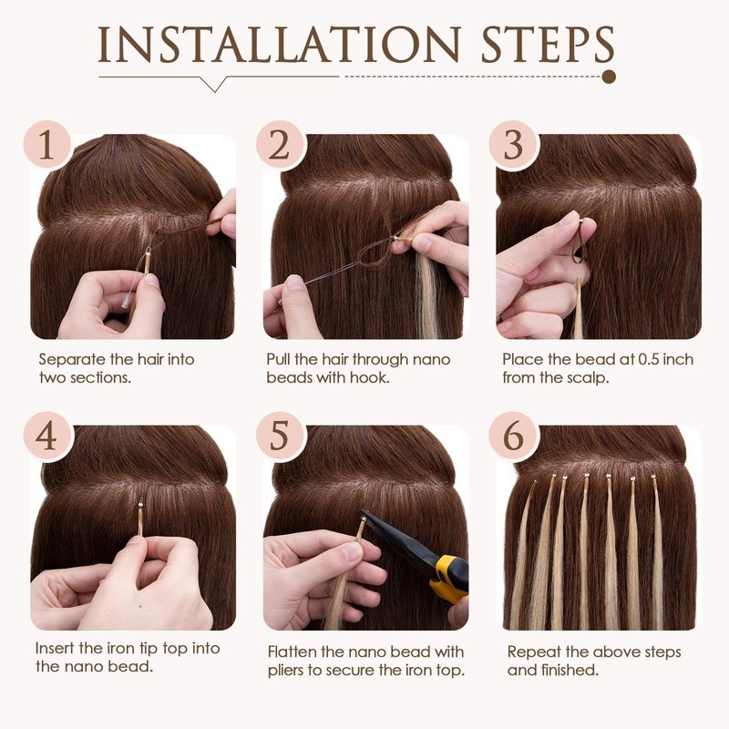 TESS Nano Bead Human Hair Extensions, Nano Ring Hairpieces Nano Tip Hair Extensions Pre-Bonded Seamless Look 50pcs/pack, 18 inch, #4RP27R Chocolate Brown Mixed Light Brown