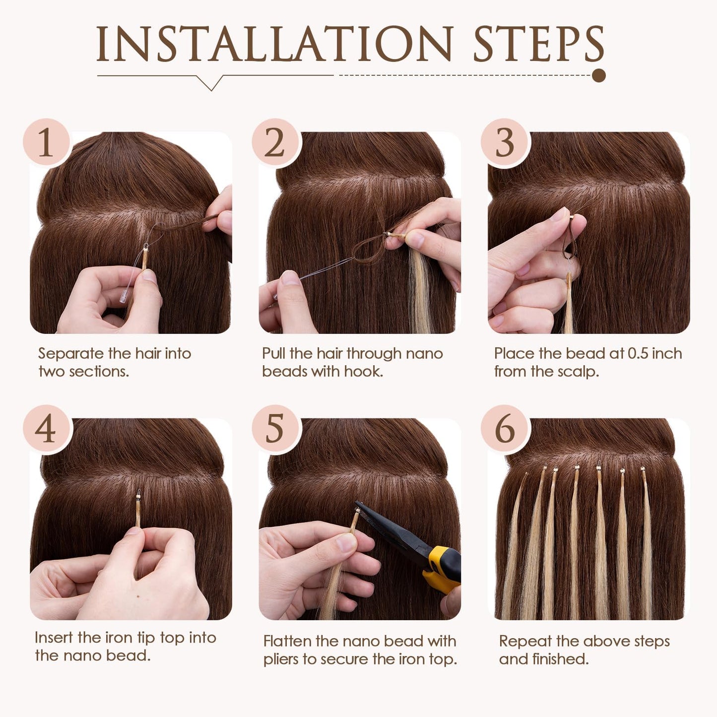TESS Nano Bead Human Hair Extensions, Nano Ring Hairpieces Nano Tip Hair Extensions Pre-Bonded Seamless Look 50pcs/pack, 16 inch, #2R Dark Brown
