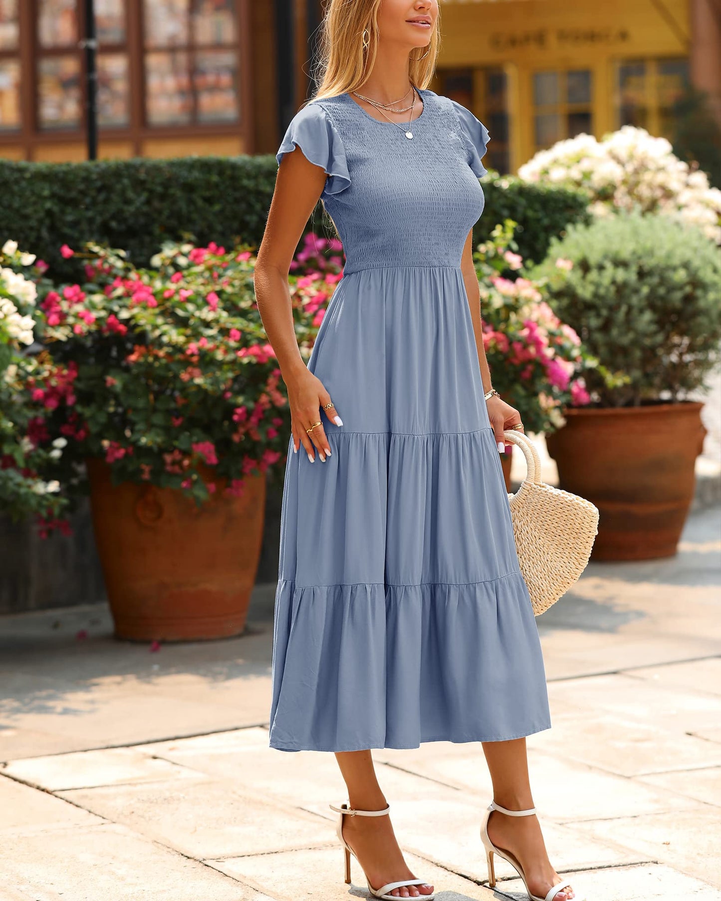 BTFBM Women Casual Short Sleeve Crew Neck Summer Dress Bohemian Floral Printed Flowy Maxi Dresses Tiered Cocktail Dress (Solid Light Blue, X-Large)