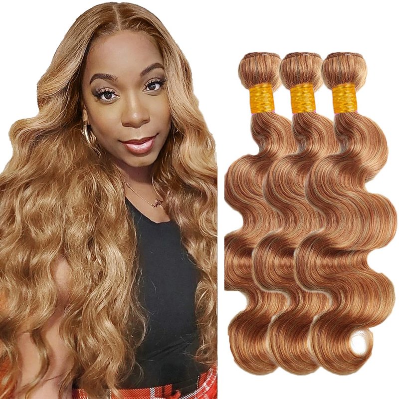 26 28 30 Inch Honey Blonde Bundles Human Hair Brown Body Wave Bundles Brazilian Virgin Soft and Silky Remy Hair Extensions Double Weft P2730 Body Wave Bundle Hair Weave