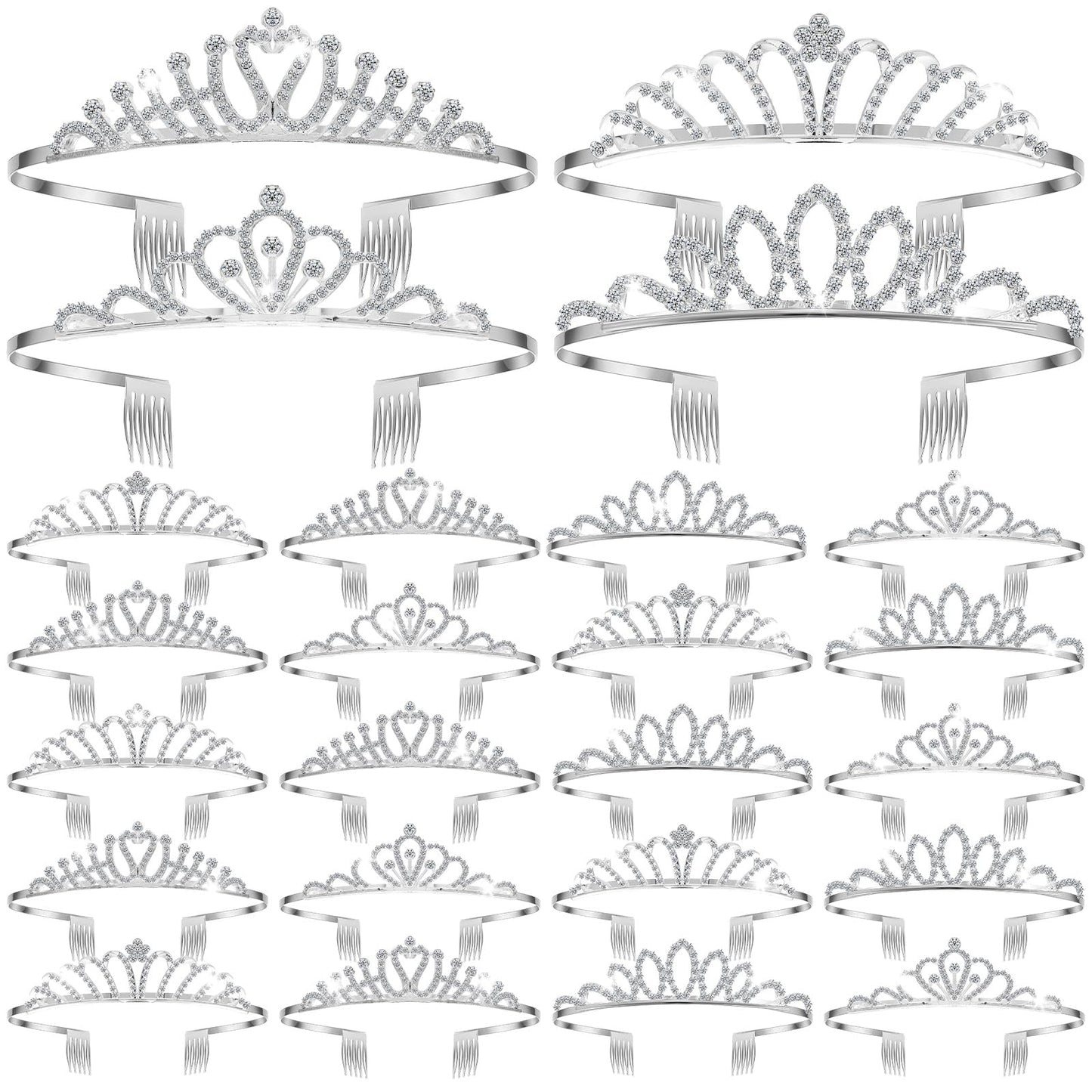Yuefunny 24 Pcs Crystal Tiara Crowns for Women Bulk Rhinestone Princess Headband Crown with Combs Tiaras for Pageant Bridal Shower Wedding Birthday Prom Party Gifts(Classic,Silver)
