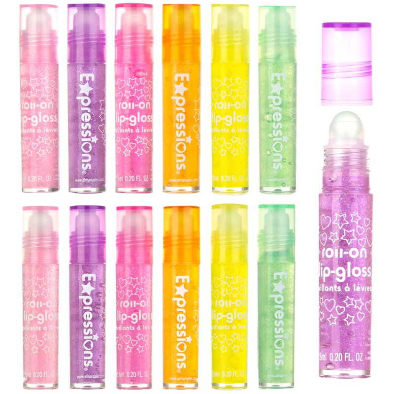 EXPRESSIONS 12pc Roll-On Lip Gloss Set with Marabou Handle & Carrying Case – Assorted Fruity Flavors | Non-Toxic Kid-Friendly Glossy Lip Makeup | Fun Gift Set for Kids & Teens – So Glam