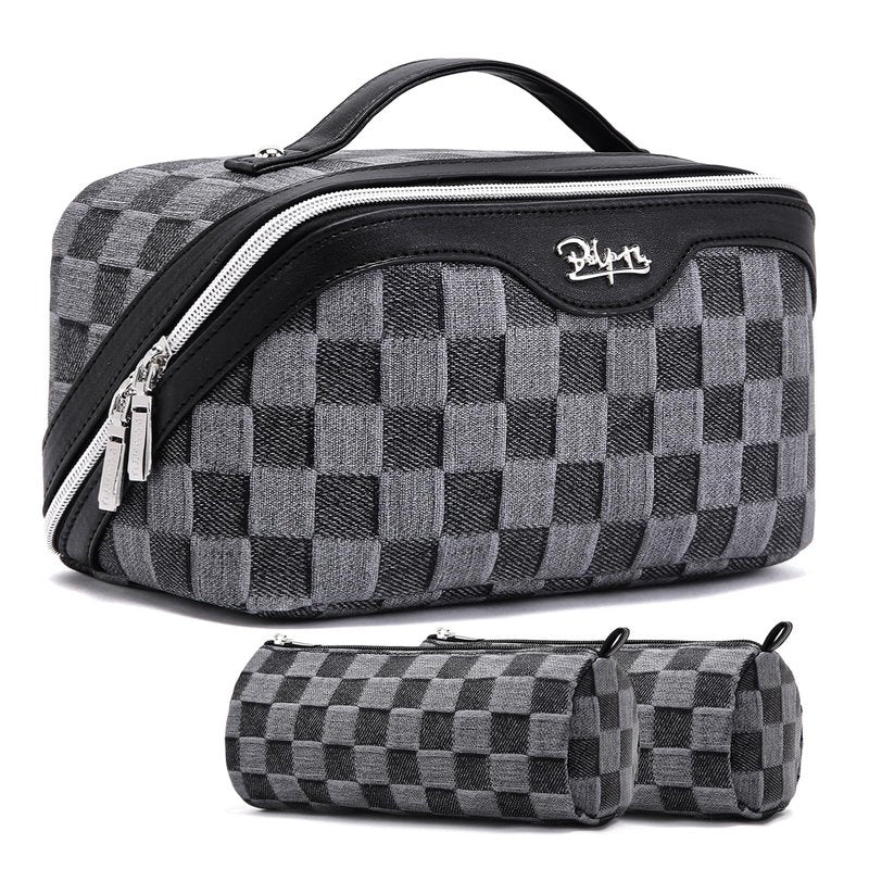 BOYATU Travel Makeup Bag for Women: Large Cosmetic Bag Set of 3 - PU Leather Make up Bag with Compartments - Compact Waterproof Toiletry Bag with Divider & Handle (D-2-Black)