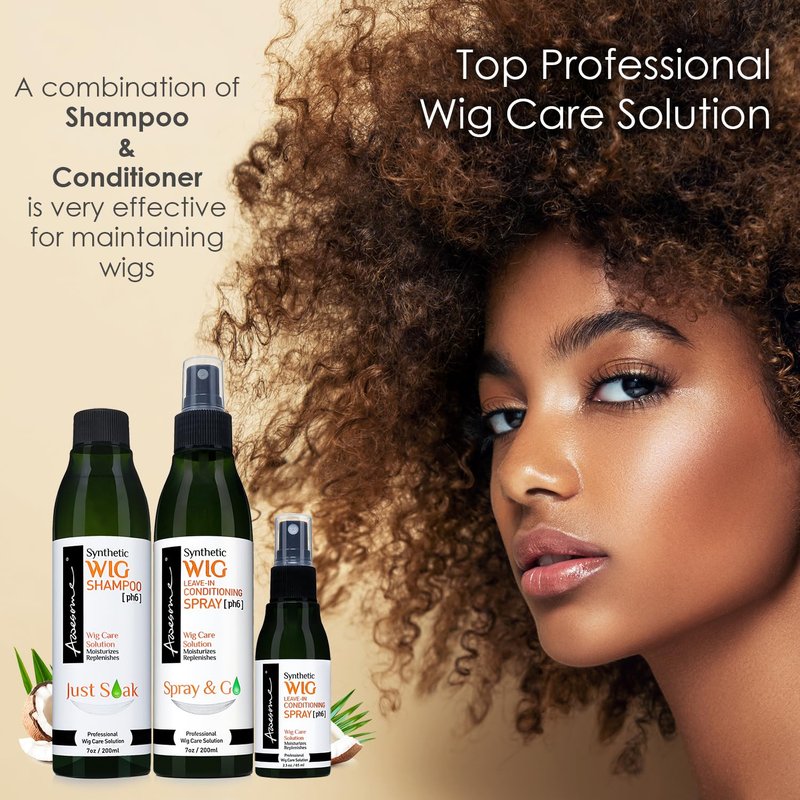 Awesome Synthetic Wig Shampoo & Leave in Conditioner Spray, Premium Set of 3, pH6, Replenishes & Easy Combing, Contains Coconut Oil (7 Fl Oz x2, 2.3 Fl Oz travel size)