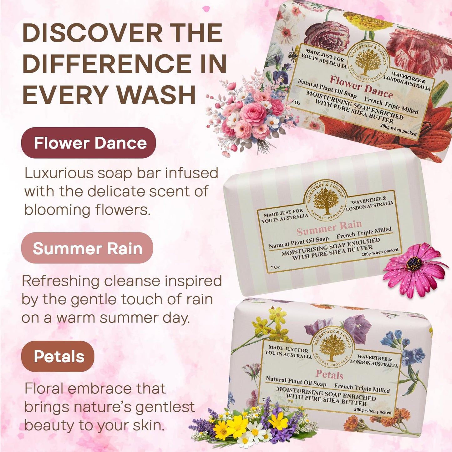 Wavertree & London Natural Soap Bars Gift Pack (7 oz Bars), Long-Lasting Premium Floral Scented Bath & Body Soap, Enriched with Organic Shea Butter & Natural Plant Oils, Ideal Gift Set (Pack of 3)