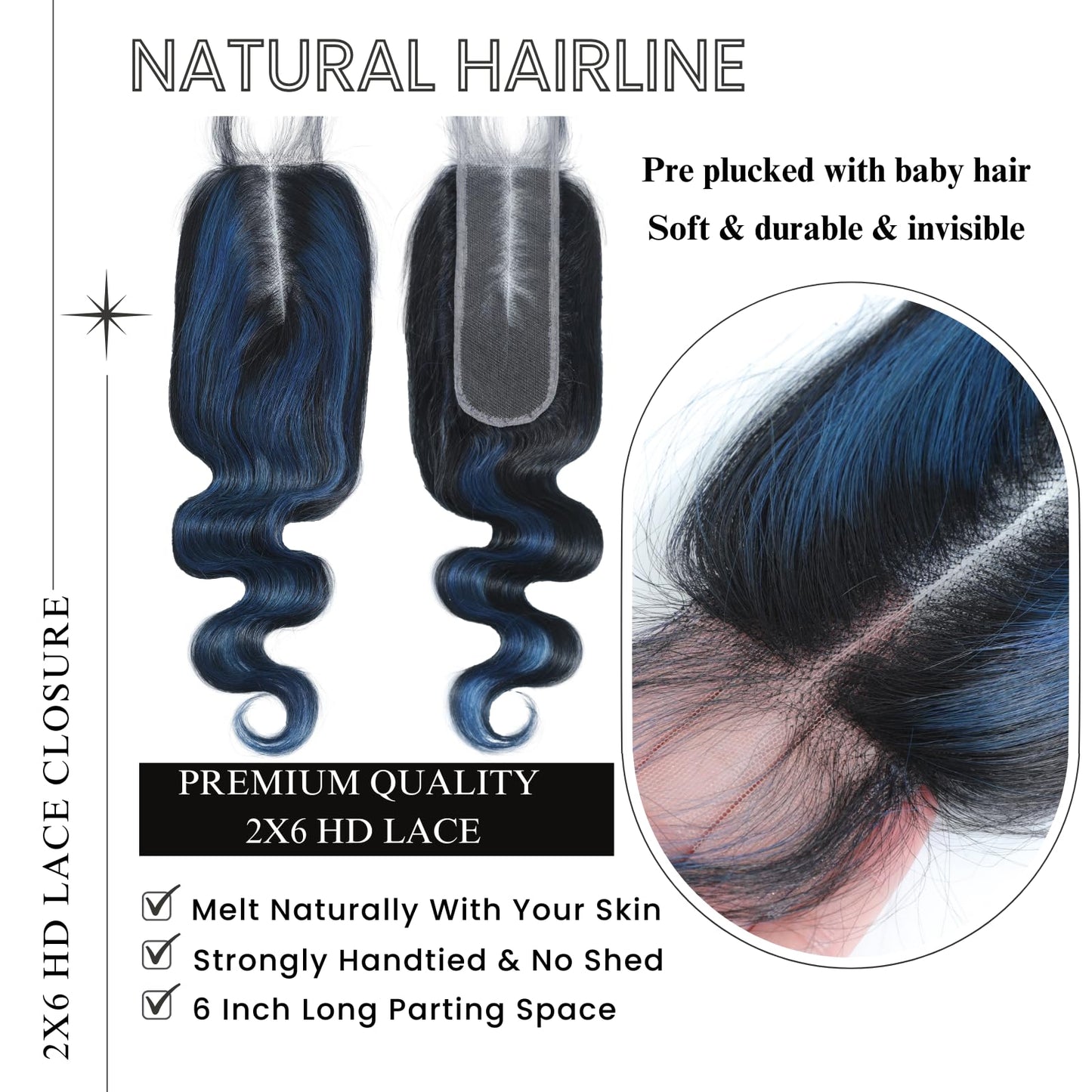 ALHER Black Mix Blue Highlight Body Wave Long Deep Part 2x6 Lace Closure, #1B/Blue Colored 2x6 Kim K Lace Closure Pre Plucked with Baby Hair, 12A 100% Brazilian Virgin Remy Human Hair 14 Inch