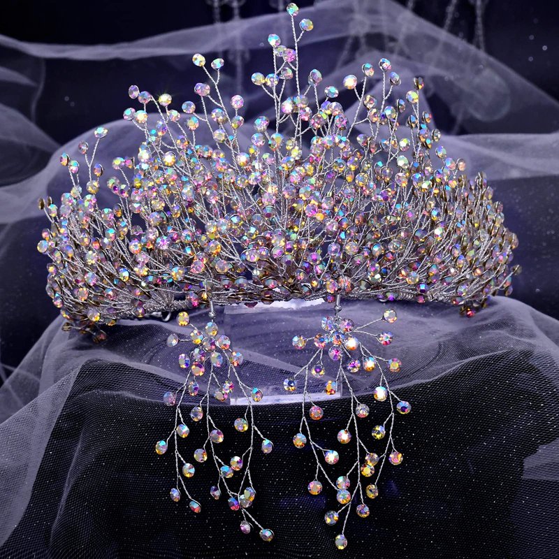 Bridal Rhinestone Crown Hair Accessories, Colorful Rhinestone Hair Bands, Women's Wedding Tiara Set (Multi-color Crown + Necklace + Earrings) HP193-M-SET