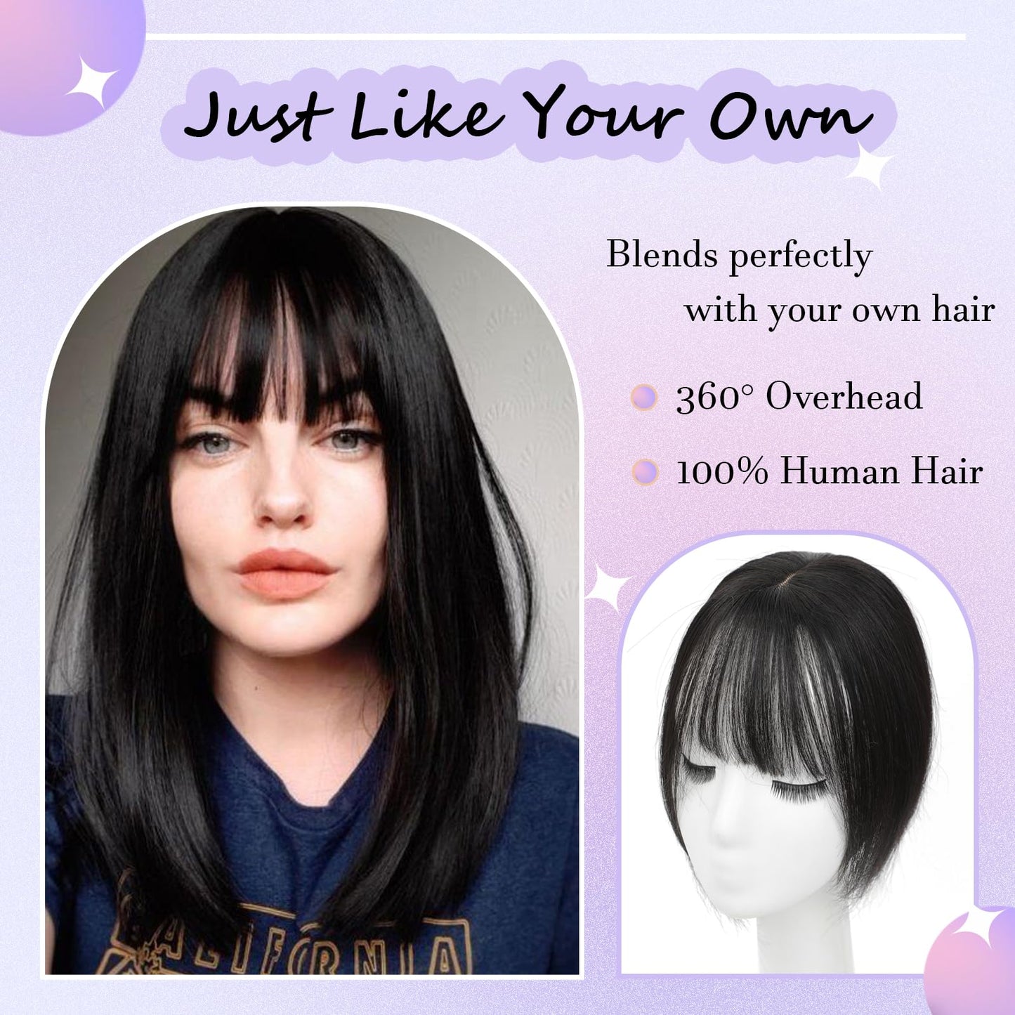 Insmi Hair Toppers for Women Real Human Hair， 360° 3D Cover Hair Topper Clip in Bangs 10 Inch Realistic Scalp Pieces for Women with Thinning Crown (Black, Wispy Bangs)