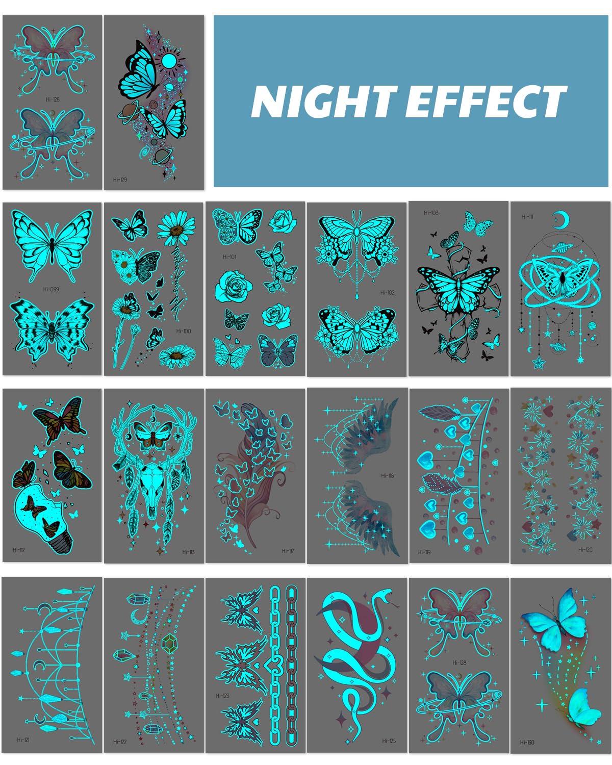 Onogola 20 Sheets Glow In The Dark Butterfly Temporary Tattoos for Women, Luminous Flower Butterflies Wings Fake Tattoo Stickers Art Makeup Waterproof for Face Body Arm Party Favors