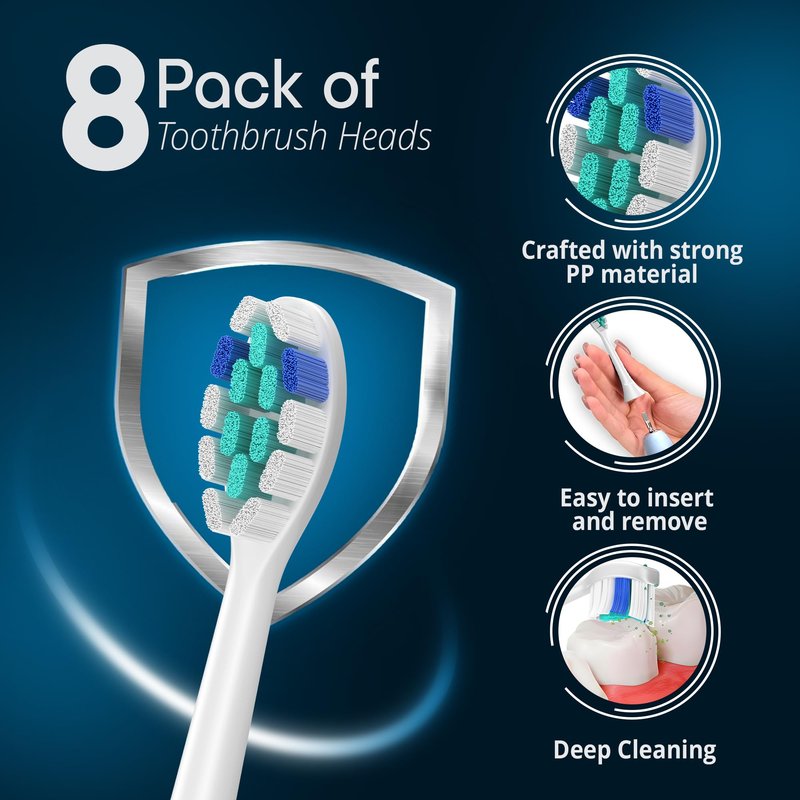 Replacement Toothbrush Heads Compatible with Philips Sonicare Electric Toothbrushes C2 4100 -Pack of 8 Sonicare Replacement Heads with Soft Dupont Bristles for Deep Cleaning, Gum Care & Plaque Removal