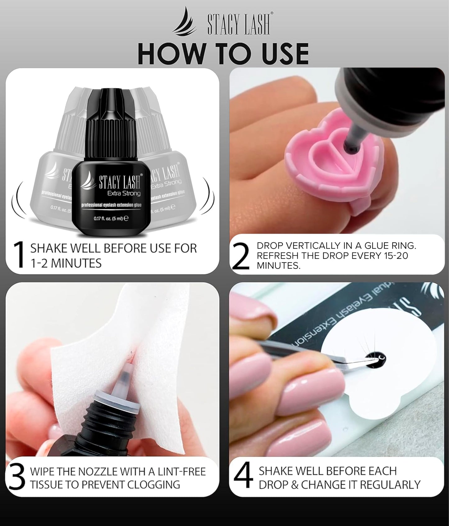 STACY LASH Extra Strong Eyelash Extension Glue (0.17fl.oz / 5ml) / 0.5-1 Sec Dry/Retention – 8 Weeks/Professional Black Adhesive/Lash Tech Supplies + Glue Ring