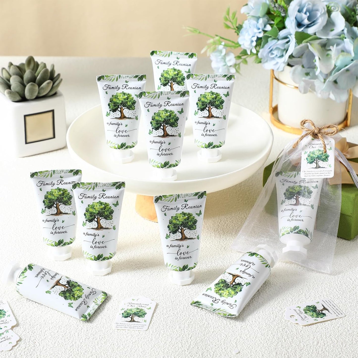 Family Reunion Hand Lotion Cream Favors - 20 Sets with Organza Bags for Table Centerpieces | Perfect Party Decor