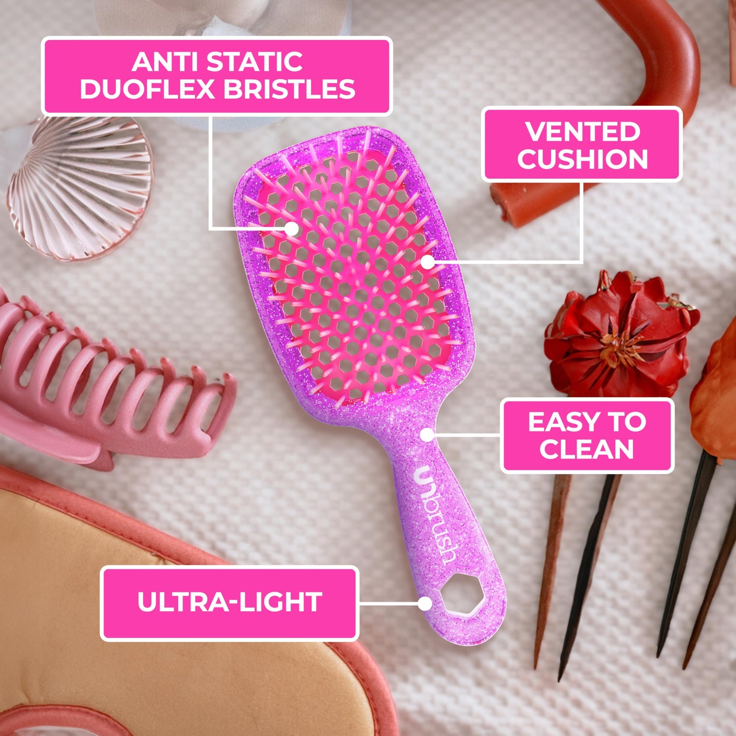 FHI Heat UNbrush Detangling Brush and UNwinder Detangling Spray Combo Pack - Tangle-Free Hair, Pain-Free Brushing, Anti-Static Bristles, Lightweight Hair Brush, Rose Quartz Pink