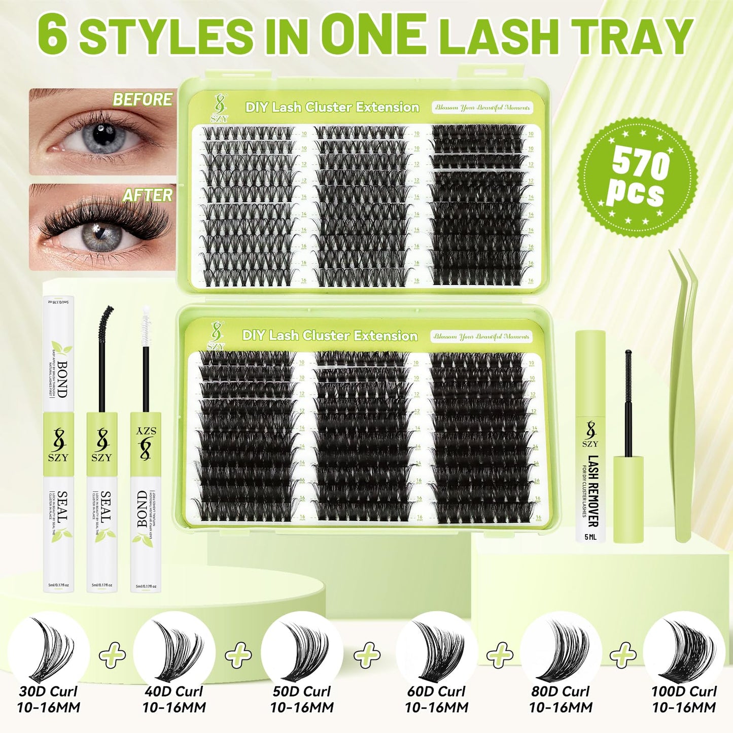 Lash Clusters Kit 570pcs 6 styles 30D-100D D Curl Individual Wispy Natural Eyelash With Eyelash Bond and Seal Eyelash Remover and Tweezer DIY at Home Makeup Cosmetic
