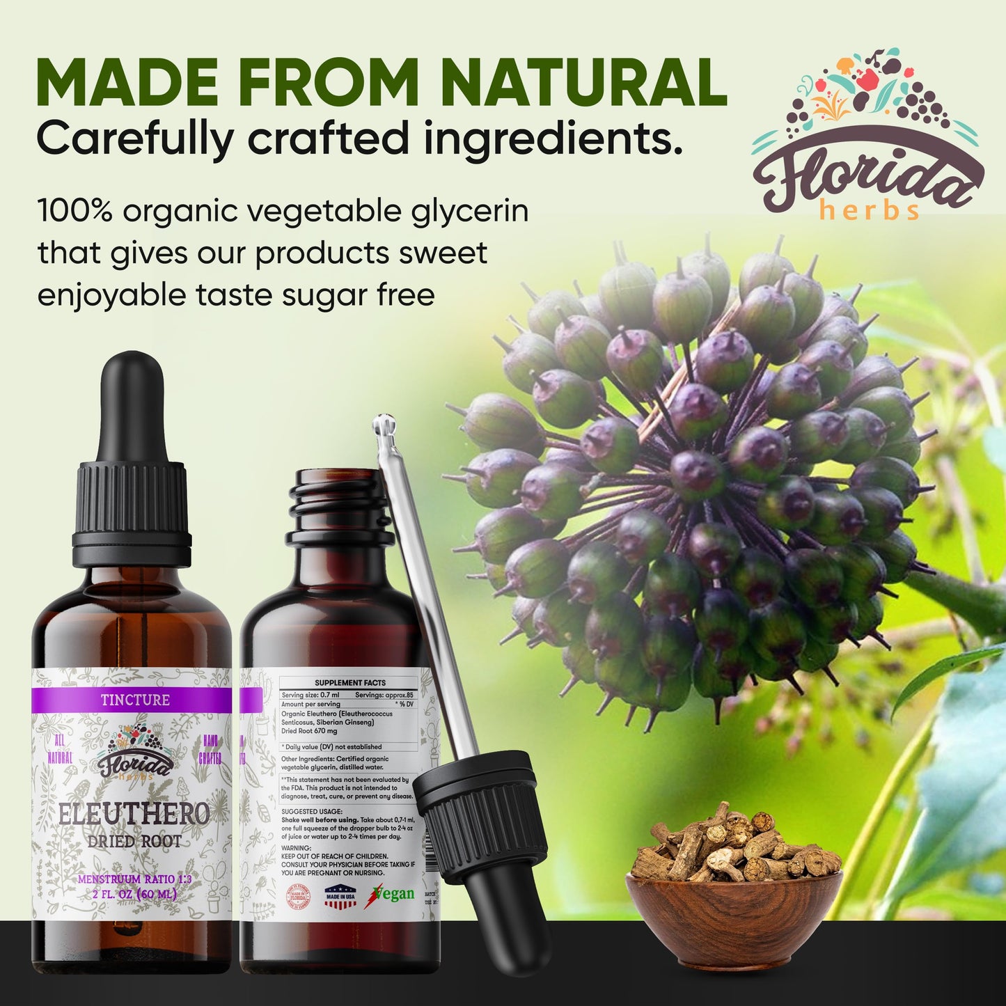 FLORIDA HERBS Eleuthero Tincture, Organic Eleuthero Extract (Siberian Ginseng, Eleutherococcus senticosus)