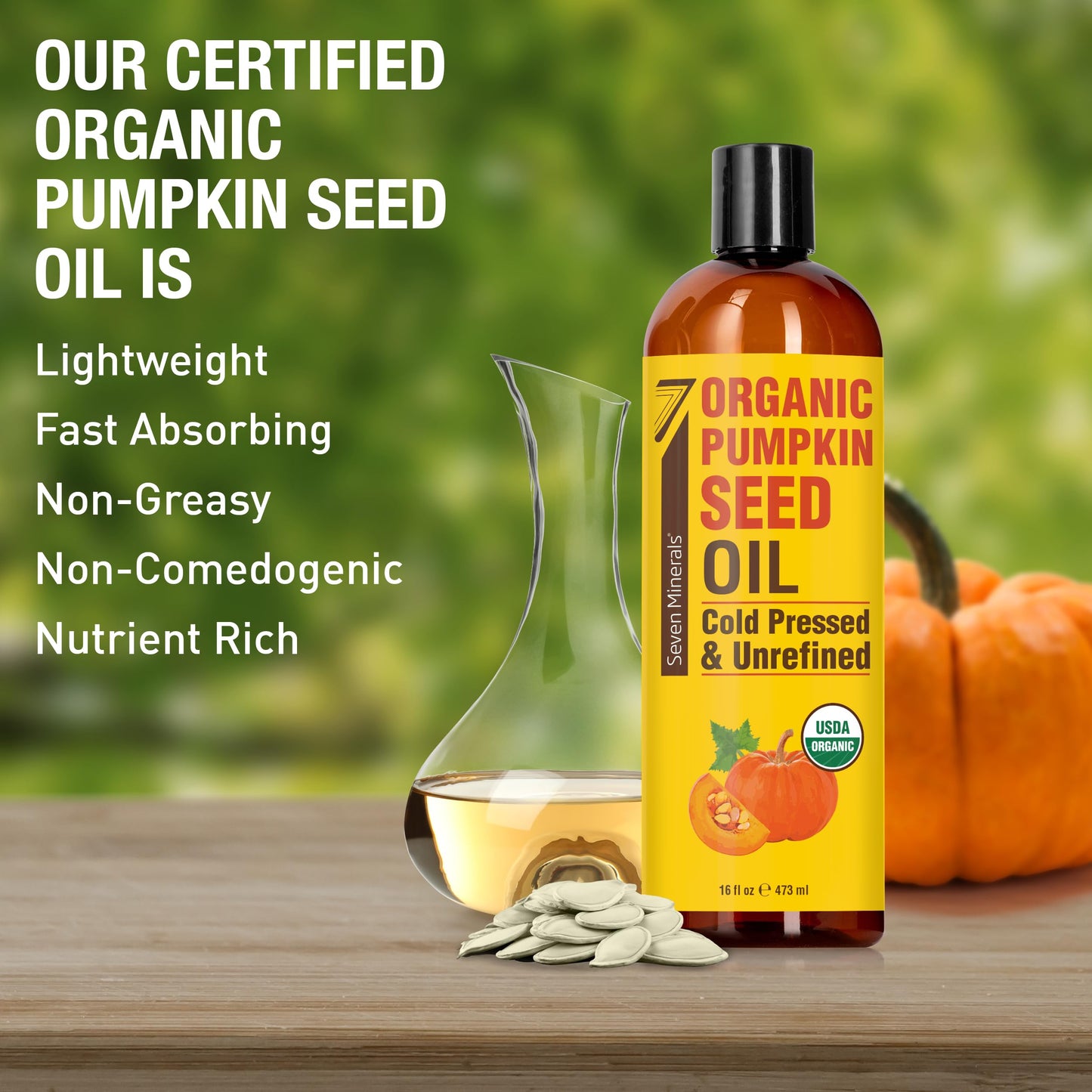 Seven Minerals NEW Pumpkin Seed Oil for Hair Growth, Face, & Body - Big 16oz Bottle - USDA Organic, Cold-Pressed & Hexane Free - Lightweight, Non-Greasy, & Deeply Moisturizing for Scalp, Skin