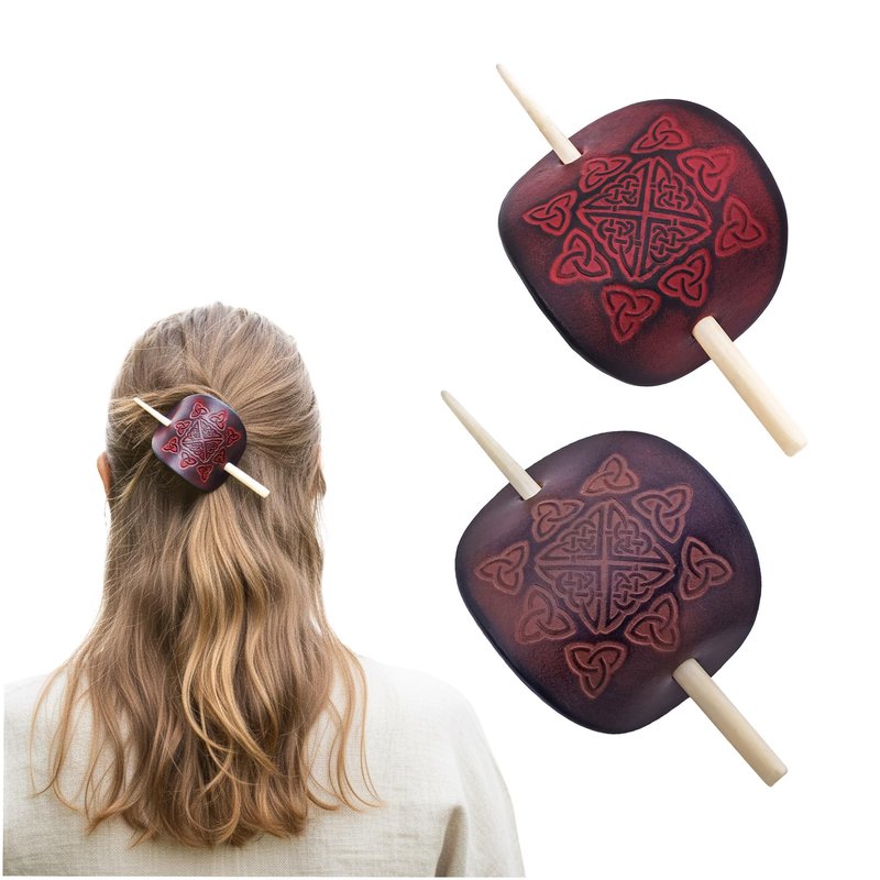 Genuine Leather Hair Pin Hair Barrette with Genuine Bone Stick Hair Style Clip Stick Ponytail Pin Accessories for Women and Girls (Brown & Maroon (Pack of 2))