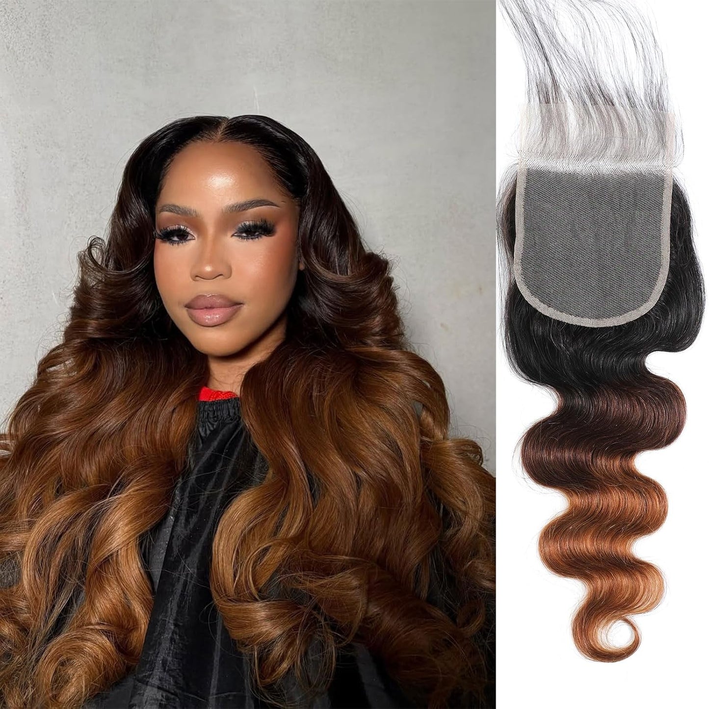 Ombre Body Wave Lace Closure - 100% Real Human Hair, Chestnut Brown | 14 Inch, 150% Density